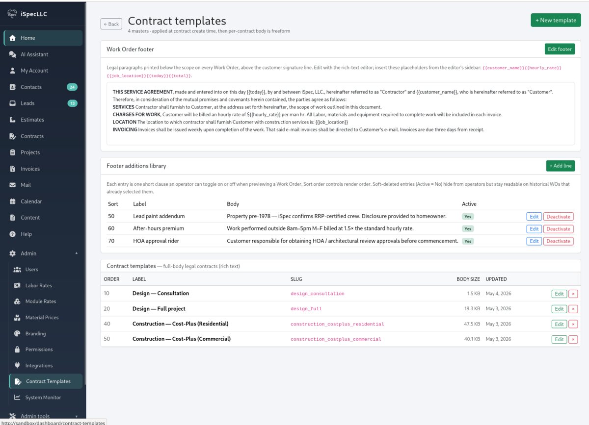 Contract template admin — work order legal footer with placeholders and a toggleable clause library