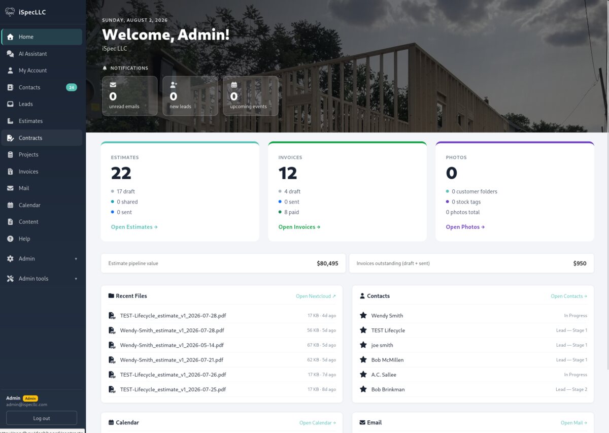 Estimator platform dashboard — notifications, estimate and invoice counts, pipeline value, recent archived documents