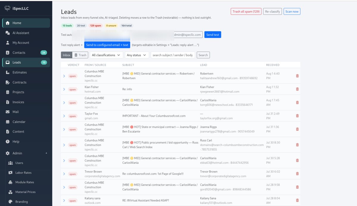 AI-triaged lead inbox — spam verdicts per message, one-click trash-all, re-classify and scan controls