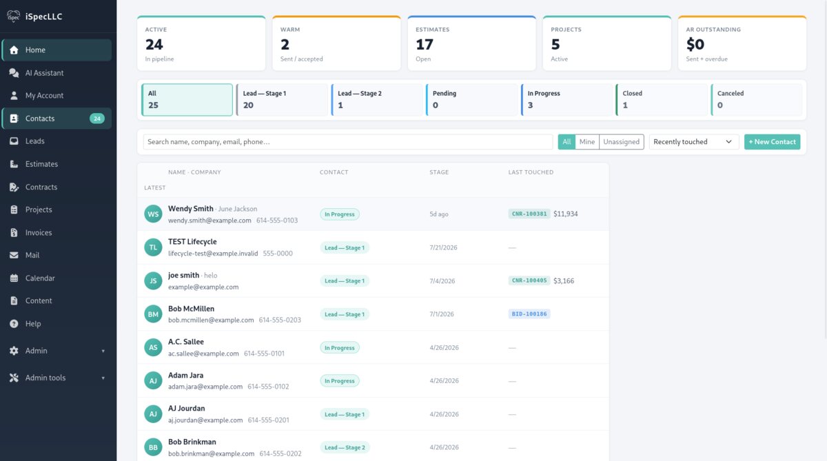 Contact pipeline — lead stages, scored records, and job IDs with estimate values