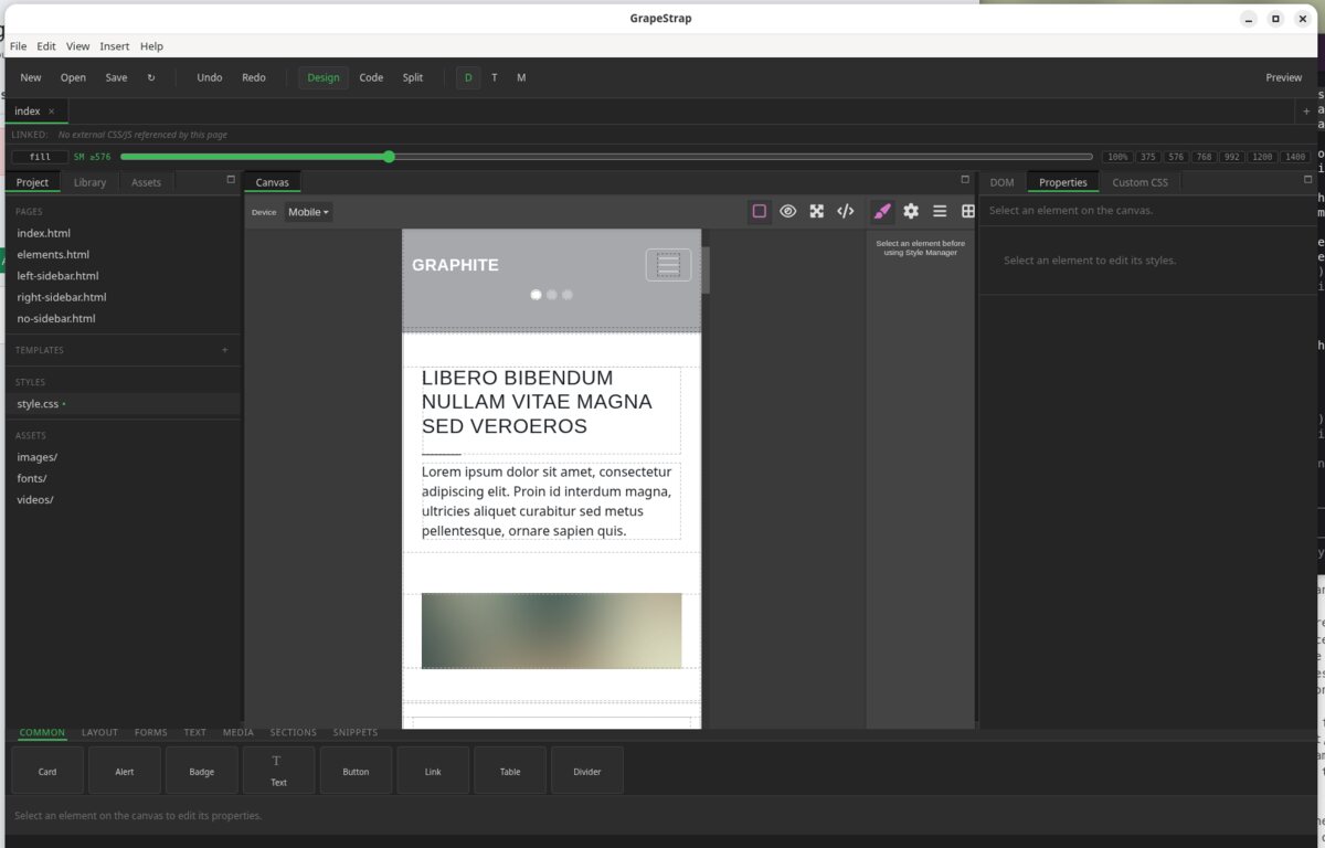 GrapeStrap design view — component palette, page list, and mobile canvas