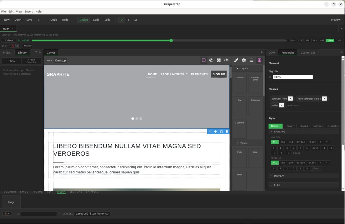 GrapeStrap element editing — classes, spacing, and state styles on a selected carousel slide