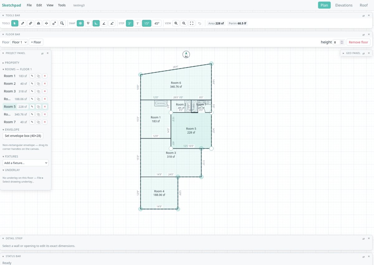 Sketchpad plan view — multi-room floor plan with dimensions and project panel