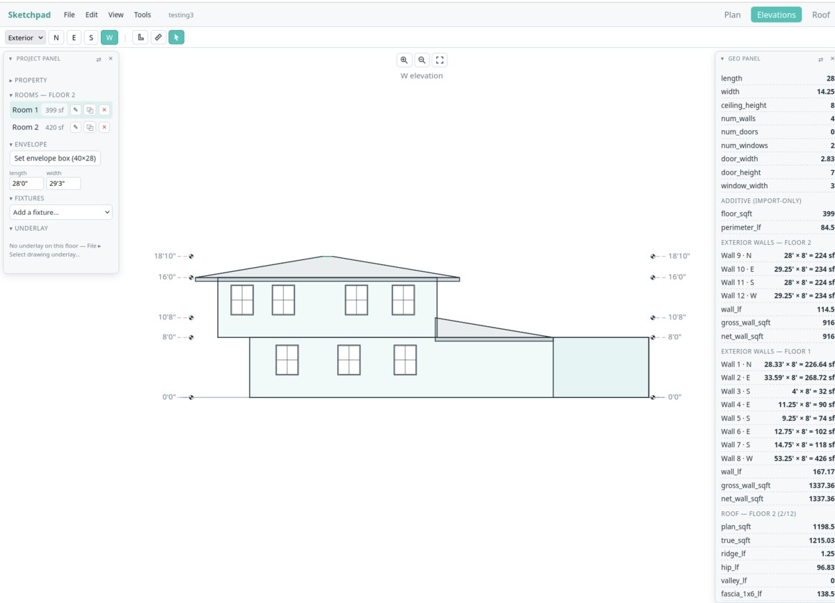 Sketchpad exterior elevation — west face with windows, height markers, and roof profile