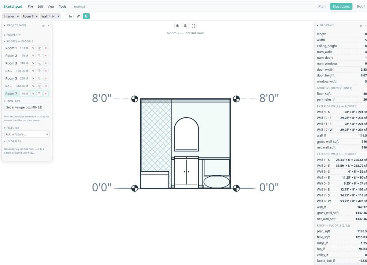 Sketchpad interior wall elevation — bathroom with tiled shower, vanity, and fixtures
