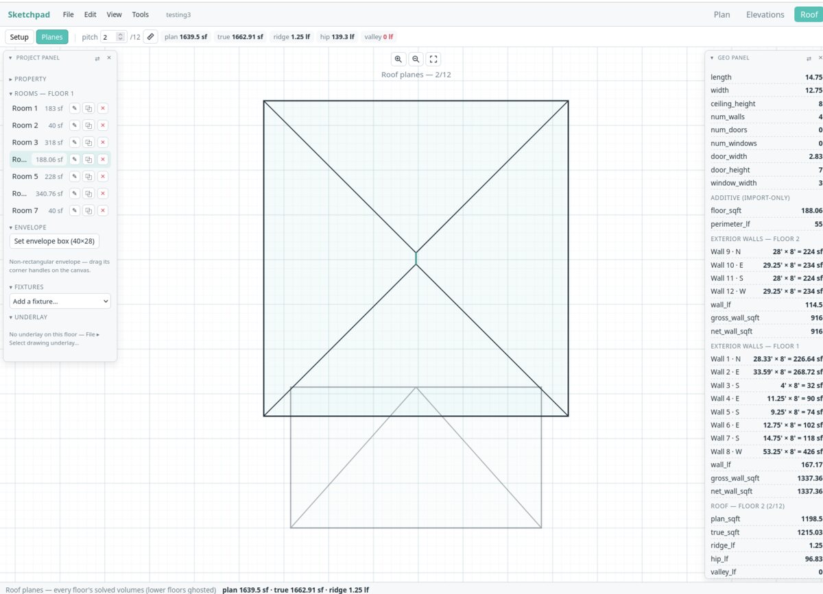 Sketchpad roof view — solved roof planes with pitch, ridge, hip, and area readouts
