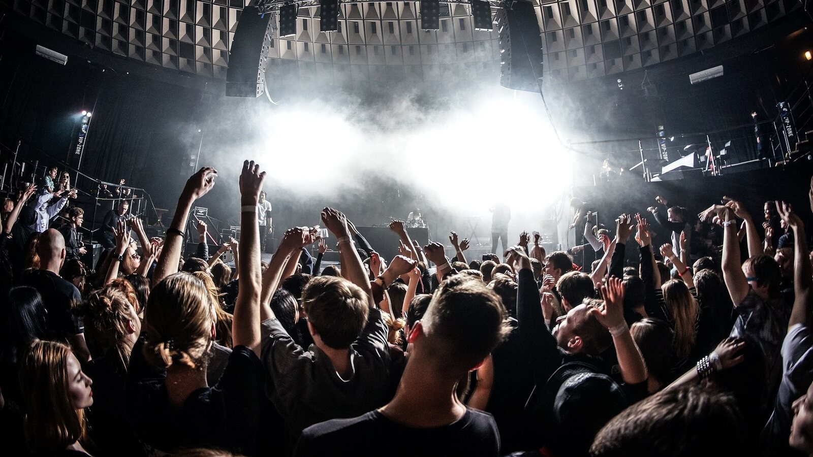 Concert crowd lit by a single spotlight beam