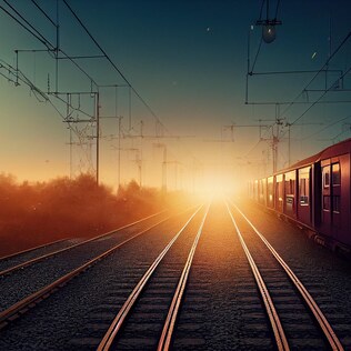 Rail line at sunset, cropped to a circle beside the hero headline