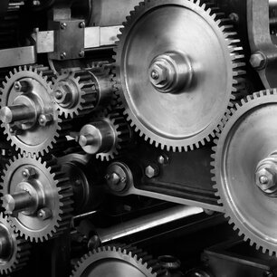Close-up of interlocking steel gears