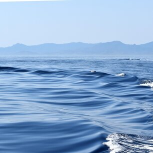 Ocean waves rolling in with distant mountains
