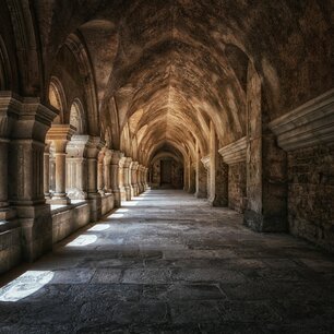 Vaulted stone cloister corridor in a monastery