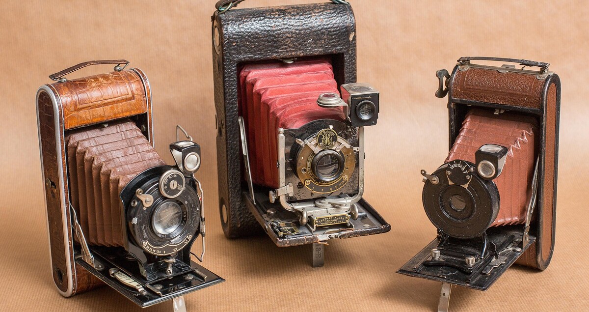 Three vintage folding cameras standing on a tabletop