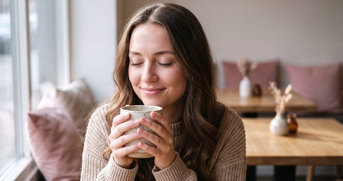 Woman savoring a warm drink at a café table