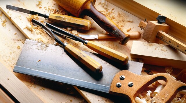 Sample showcase photo: woodworking tools on a workbench