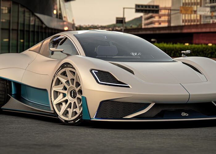Rendered concept sports car parked on a plaza