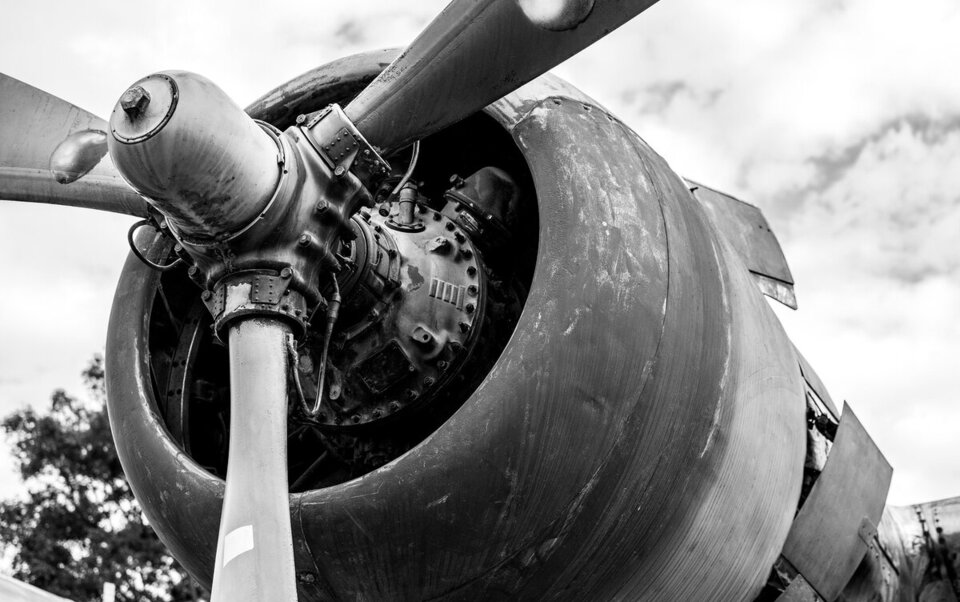 Close-up of a vintage radial engine in black and white